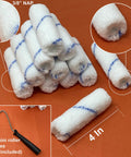 Smooth Operator Premium Microfiber Paint Roller Covers Four Inch Mini Three Eighth Inch Nap Shedless and Lint Free Design stacked with a mini roller frame.