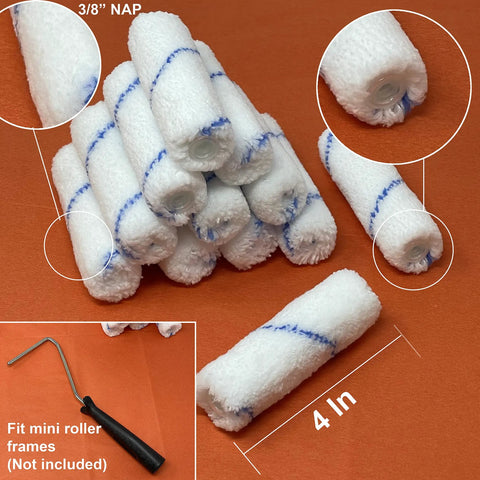 Smooth Operator Premium Microfiber Paint Roller Covers Four Inch Mini Three Eighth Inch Nap Shedless and Lint Free Design stacked with a mini roller frame.