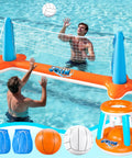Inflatable Pool Volleyball And Basketball Game Set With Net And Hoops, 2 In 1 Floating Pool Toy for Kids and Adults in use in pool