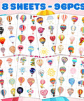 Hot Air Balloon Themed Temporary Tattoos Set For Kids 96 Pcs Pre Cut Stickers, 8 sheets with colorful balloon designs