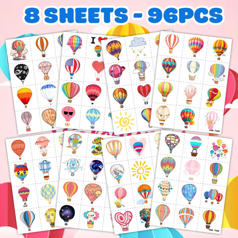 Hot Air Balloon Themed Temporary Tattoos Set For Kids 96 Pcs Pre Cut Stickers, 8 sheets with colorful balloon designs