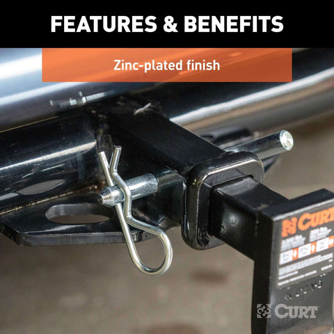 Trailer Hitch Pin And Clip 1/2 Inch Diameter With 5/8 Inch Adapter Fits 1-1/4 Inch And 2 Inch Receiver Tubes Easy Grip 105 Degree Bend