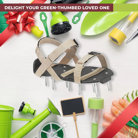 Game-Changing Lawn Aerator Shoes With Adjustable Straps Pre-Assembled One-Size-Fits-All surrounded by gardening tools