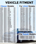 Vehicle fitment chart for Nissan, Infiniti, Suzuki models including 350Z, 370Z, G35, G37, detailing compatible years and engine sizes.