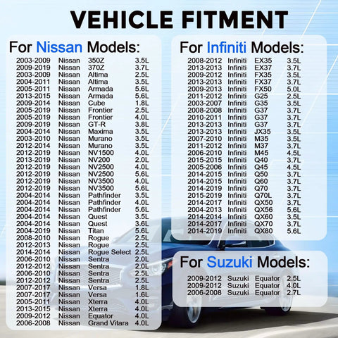 Vehicle fitment chart for Nissan, Infiniti, Suzuki models including 350Z, 370Z, G35, G37, detailing compatible years and engine sizes.