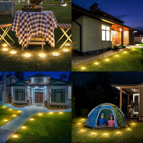 Solar Ground Lights Waterproof IP68 12 Pack Dual Purpose Outdoor Lights illuminating pathways and gardens at night.
