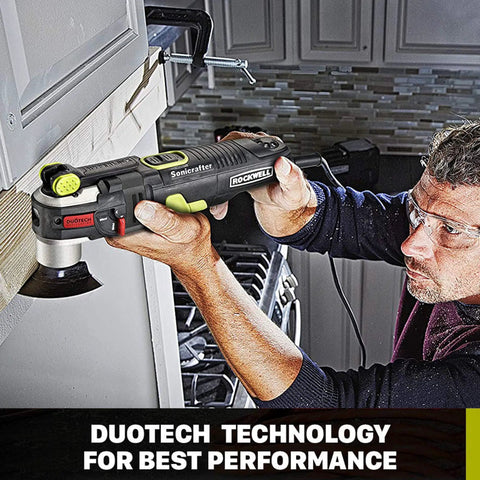 Man using AW400 F80 Sonicrafter 4.2 Amp Oscillating Multi Tool with 9 Accessories on wood trim for fast cuts and easy blade changes