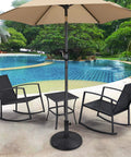 Beefed Up Heavy Duty Outdoor Umbrella Base 22 Lbs 18 Inch Round Patio Stand by a pool with chairs, umbrella open