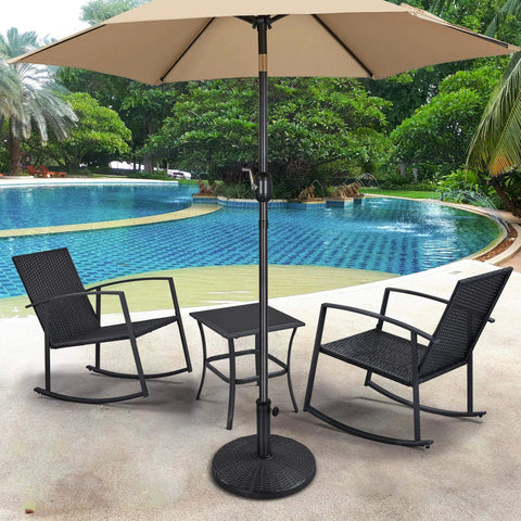 Beefed Up Heavy Duty Outdoor Umbrella Base 22 Lbs 18 Inch Round Patio Stand by a pool with chairs, umbrella open