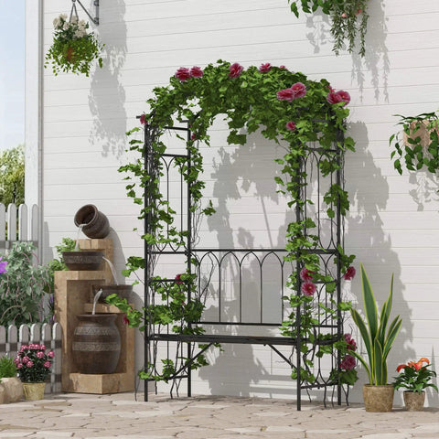 Metal Trellis Arbor Arch With Built In Garden Bench For Climbing Plants And Vines, Patio Decor, Two Person Outdoor Steel Seating