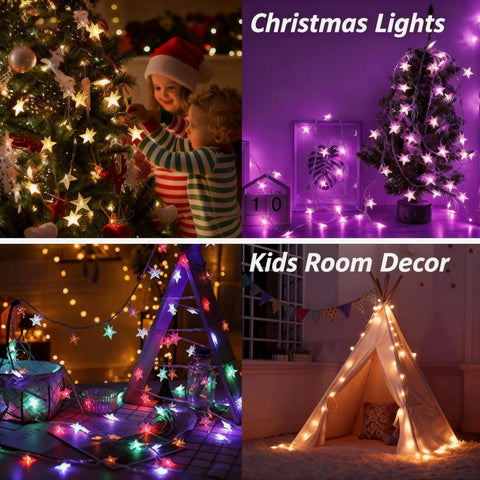 Star String Lights 20Ft Battery Operated Color Changing Fairy Lights With 40 LEDs illuminating festive and cozy settings.
