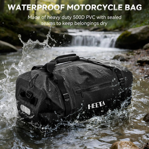 Waterproof Motorcycle Dry Bag 50L Duffel Luggage With Zippered Closure splashing in water, showing durable 500D PVC material.