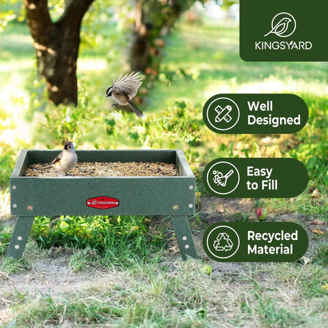 All In One Outdoor Bird Feeder Made From Recycled Plastic Platform For Wild Birds Squirrels And Chickens With A 5 Lb Capacity Green Built Tough For Weather And Easy To Fill shown in garden setting with birds