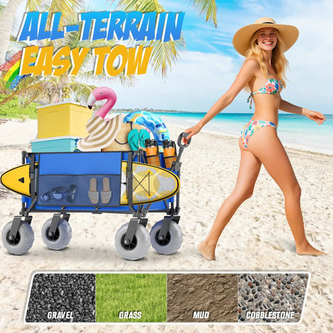 Blue Heavy Duty Folding Wagon For Sand And Outdoors, 350 Lb Capacity, Oversized 180 Liter Cargo Space, 9 Inch All Terrain Wheels
