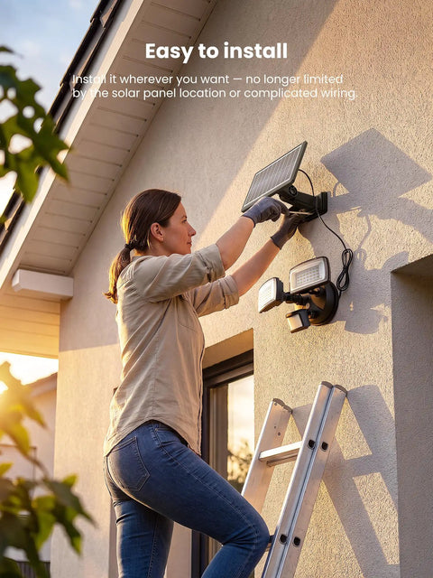 Woman installing Onforu 36W Solar LED Security Lights, PIR Motion Sensor Outdoor, Yard on a wall.