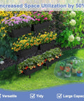 Vertical Raised Garden Bed With Six Planter Boxes, Freestanding Metal Frame, Elevate Your Herb Garden With Water Drainage, Patio Ready For Balcony Or Backyard, Black, shown with colorful flowers and plants