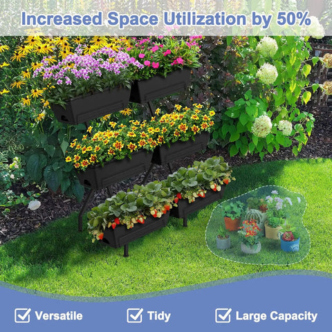 Vertical Raised Garden Bed With Six Planter Boxes, Freestanding Metal Frame, Elevate Your Herb Garden With Water Drainage, Patio Ready For Balcony Or Backyard, Black, shown with colorful flowers and plants