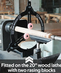 Heavy Duty Woodturning Steady Rest With Triple Rubber Rollers For 16 18 20 Inch Swing Lathes fitted on a 20 inch lathe with two raising blocks.