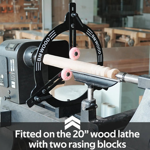 Heavy Duty Woodturning Steady Rest With Triple Rubber Rollers For 16 18 20 Inch Swing Lathes fitted on a 20 inch lathe with two raising blocks.