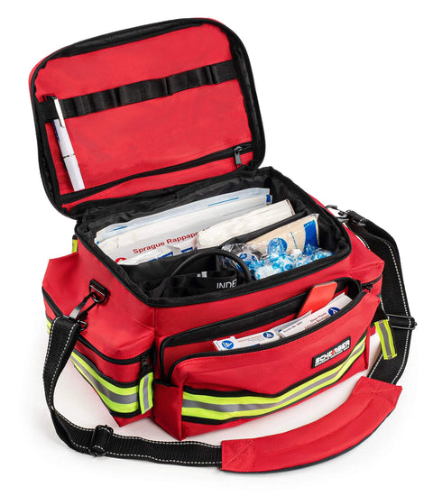 Front view of Scherber red reflective first-responder trauma kit bag with 8 zippered pockets