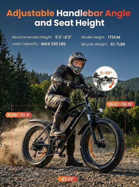 Powerful 1000W Fat Tire Electric Bike For Adults And Teens, 20 MPH Top Speed, 20x4 Fat Tires, Removable 10.4Ah Battery, USB Charging Port, 7-Speed Mountain And Commuter Ebike, Four Bikes In One For City, Trail, Snow And More. Rider on fat tire ebike with adjustable handlebar angle and seat height