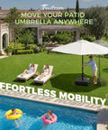Beefy 100 Lb Fillable Umbrella Base With 4 Wheels And Dual Locks by pool on patio with person adjusting position