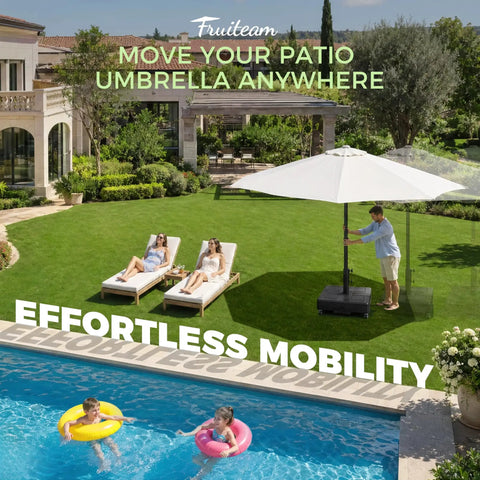 Beefy 100 Lb Fillable Umbrella Base With 4 Wheels And Dual Locks by pool on patio with person adjusting position