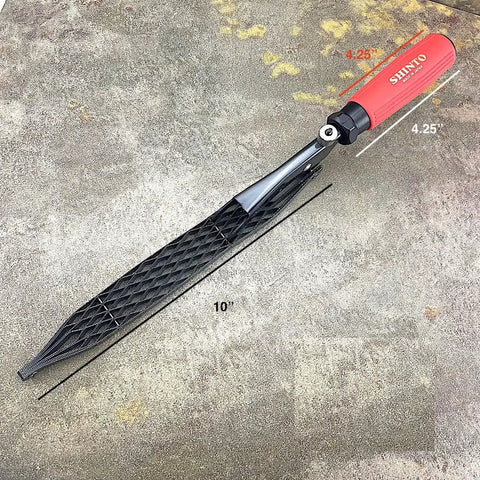 Japanese Rasp And Sanding Block Quick Swap Blades Non Clogging Teeth Fast Stock Removal Dead Simple One Handed Operation on gray background.