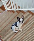 Dog sitting on stairs with Non Slip Stair Treads For Wood Steps, Machine Washable Polyester Stair Runner Mats, 15 Pack Beige 28 By 9 Inches, Keeps Kids Safe, Elders, And Pets, Easy Install, No Slip Backing With Durable Grip.