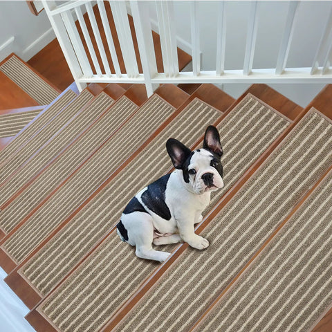 Dog sitting on stairs with Non Slip Stair Treads For Wood Steps, Machine Washable Polyester Stair Runner Mats, 15 Pack Beige 28 By 9 Inches, Keeps Kids Safe, Elders, And Pets, Easy Install, No Slip Backing With Durable Grip.