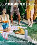 Megaboom 4 Portable Waterproof Bluetooth Speaker With Killer Immersive 360 Degree Sound And Balanced Bass 20 Hour Battery Life Floating Design 147 Feet Range Black beside pool with people