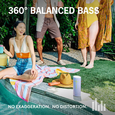 Megaboom 4 Portable Waterproof Bluetooth Speaker With Killer Immersive 360 Degree Sound And Balanced Bass 20 Hour Battery Life Floating Design 147 Feet Range Black beside pool with people