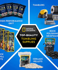 National Geographic rock tumbling supplies showing grit packets, polish media, ceramic pellets, foam, refill kits
