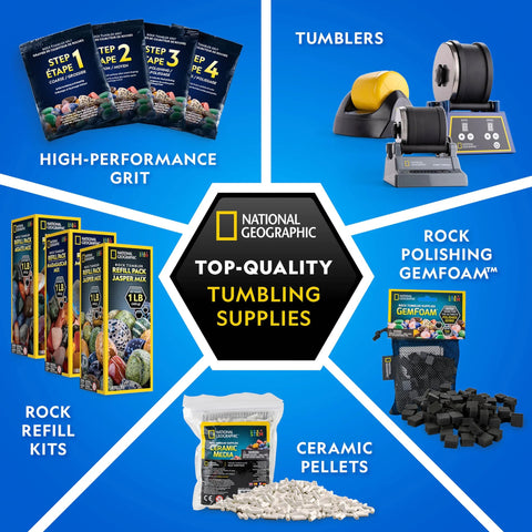 National Geographic rock tumbling supplies showing grit packets, polish media, ceramic pellets, foam, refill kits