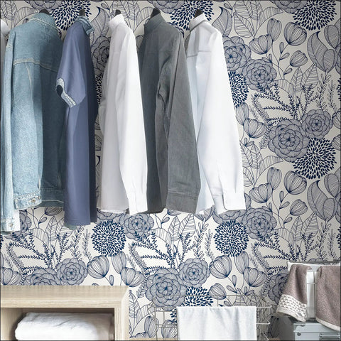 Navy Floral Peel And Stick Wallpaper From Secret Garden Pattern Safe For Walls No Mess Behind Hanging Shirts In Closet