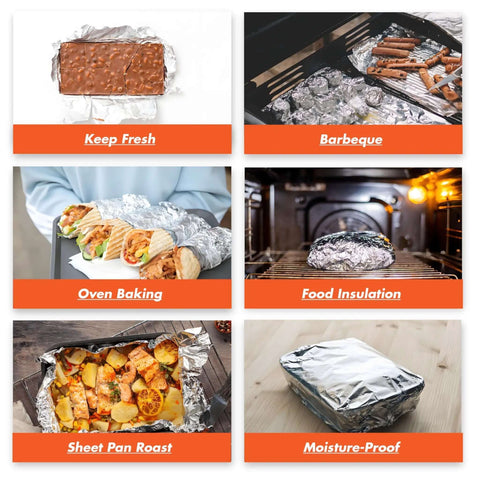 Pre Cut Aluminum Foil Sheets 9 by 10.75 Inch Pop Up Deli Foil Wraps 200 Sheets for Sandwiches and Food Prep, showing various cooking uses.