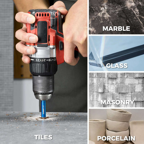 Front view of a red cordless drill fitted with a blue diamond tile drill bit (1/4-inch shank) drilling into a metal surface.