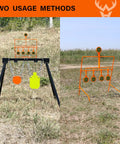 Two usage methods of AR500 Steel Target System With Three Eighths Inch Thick Six Inch Gong And Seven By Twelve Inch Silhouette Stand Included Rimfire Resetting Target Durable Rust Resistant One Person Setup For Backyard Range shown outdoors.