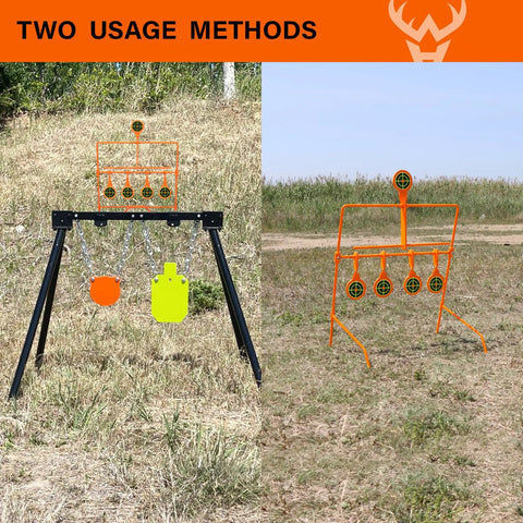 Two usage methods of AR500 Steel Target System With Three Eighths Inch Thick Six Inch Gong And Seven By Twelve Inch Silhouette Stand Included Rimfire Resetting Target Durable Rust Resistant One Person Setup For Backyard Range shown outdoors.
