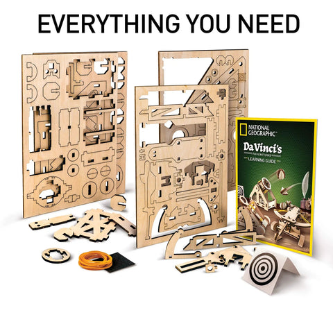Da Vinci Catapult Kit For Kids With Ballista And Bombard, 3D Puzzle Wood Building Toy pieces and instructions display