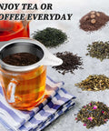 Extra Fine 18 8 Stainless Steel Tea Infuser Mesh Strainer with large capacity on a cup with various teas and coffee