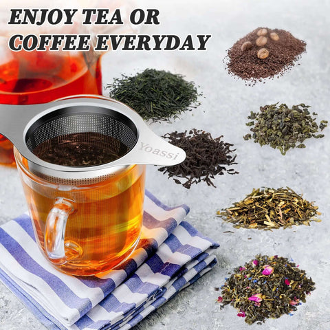 Extra Fine 18 8 Stainless Steel Tea Infuser Mesh Strainer with large capacity on a cup with various teas and coffee