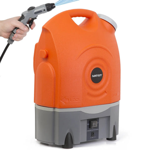 On The Go Portable Spray Washer With Built In Water Tank, Rechargeable Battery Or Car Or Home Plug visible on orange unit