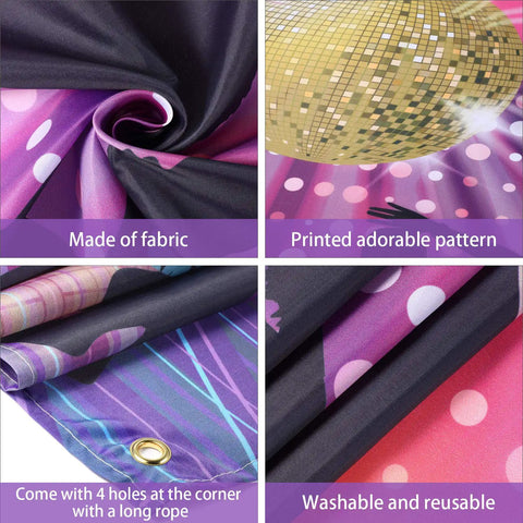 Close-up of Throwback Disco Backdrop For 70s 80s 90s Parties, Neon Night Photo Booth Background Banner details and fabric