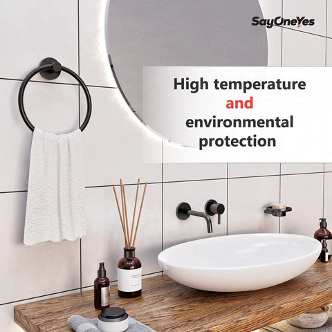 Matte Black Towel Ring Wall Mounted Hand Towel Holder For Bathroom And Kitchen Rustproof Round Stainless Steel SUS304 Towel Rack Built To Last With A Slick Modern Vibe shown in modern bathroom setting.