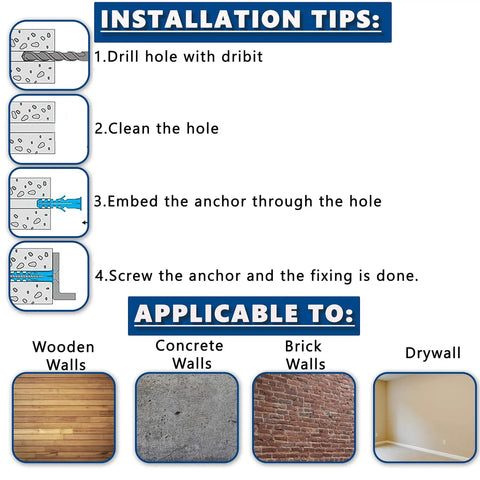 Installation tips for Premium Drywall Anchors And Screws Kit, applicable to wood, concrete, brick, and drywall walls.