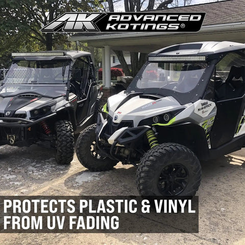 Plastic Shine And Protect Spray For ATVs UTVs Trucks And Dirt Bikes High Gloss Finish Easy Cleanup Kick Dirt To The Curb Dust And Stain Repellent Durable Vinyl And Plastic Surface Protector 16oz on two UTVs, protects plastic and vinyl from UV fading