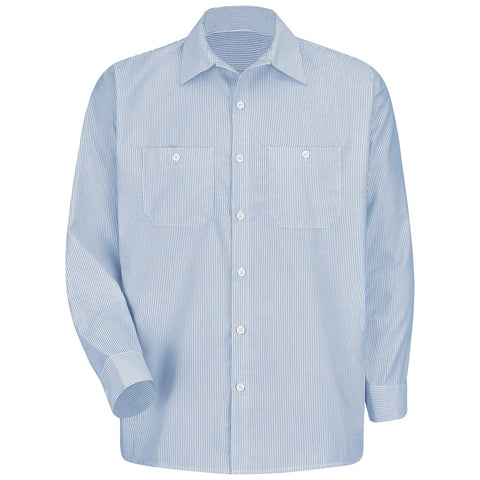 Mens Industrial Striped Work Shirt Blue And White Featuring Hella Durable Press And No Sweat Moisture Wicking Finish Long Sleeve With Dual Button Pockets For Built Different Daily Grind Professional Workwear, blue and white striped, long sleeve, dual pockets.