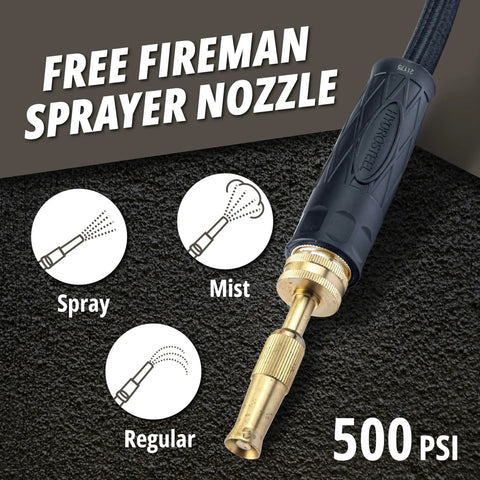 Built Tough 100 Ft Metal Garden Hose With Nozzle showing fireman sprayer nozzle settings: spray, mist, regular, 500 PSI