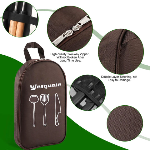 All-In-One Must-Have Camping Cookware Set 30-Piece Kitchen Tools in a zippered bag showing stitching details